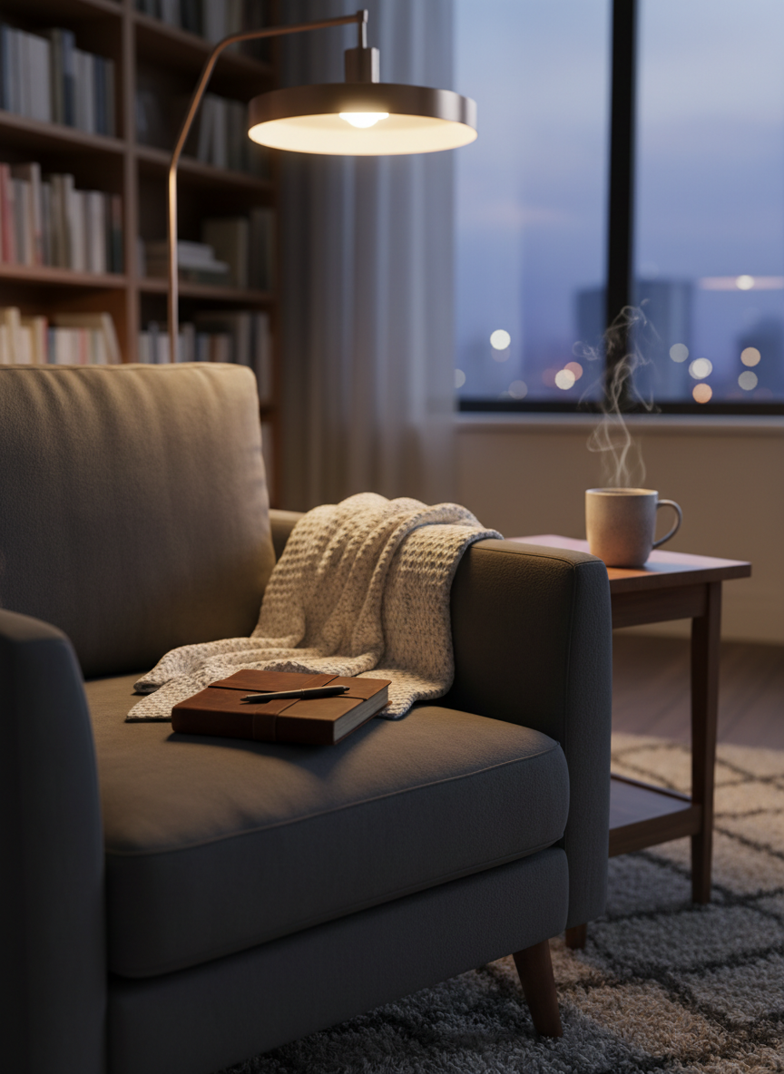 A cozy corner of a lived-in living room featuring a plush, dark gray armchair with a folded cream knit blanket draped over one arm and a small, leather-bound notebook resting on the seat. Next to it, a narrow wooden side table holds a half-finished mug of herbal tea, faint steam spiraling upward. Outside a nearby window, city lights are just beginning to glimmer in the early evening dusk. Warm pendant lighting from above mingles with the cool blue of the fading daylight, creating a balanced, reflective atmosphere. The composition uses the rule of thirds from a slightly elevated angle, with crisp focus on the chair and notebook, while bookshelves and a soft rug fade into a gentle bokeh background, evoking quiet, sophisticated introspection.
